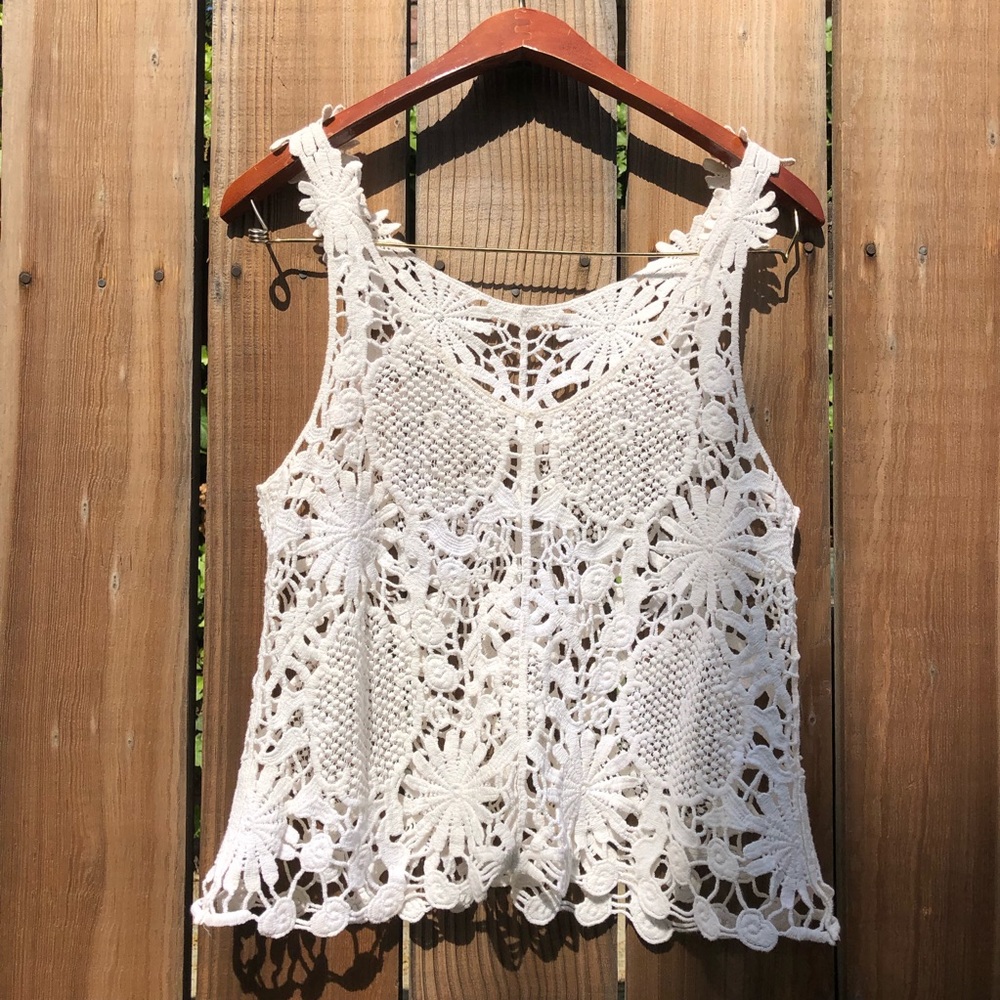 Vintage crotchet white cotton floral beach summer vacation cover up tank…